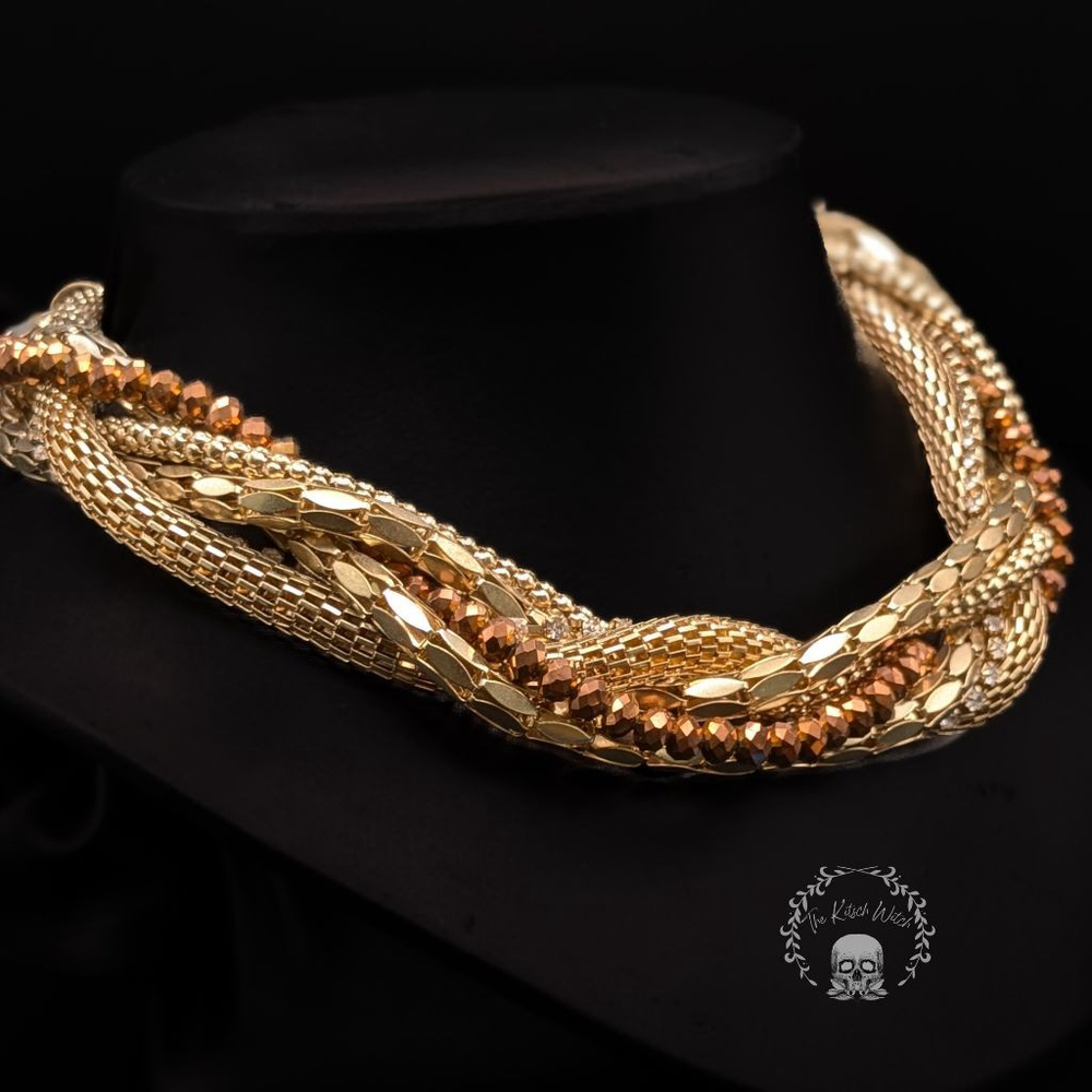 Twisted Multi Strand Gold & Copper Toned Necklace with Rhinestone Accents